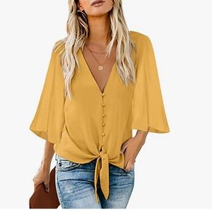 V Neck Tops 3/4 Sleeve Tie Knot Button Down Shirts  (In package)